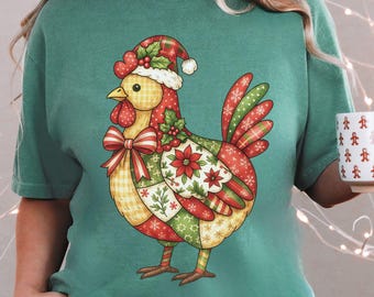 Patchwork Christmas Chicken Shirt, Rustic Farmstyle Homesteader Tee, Cute Christmas Chicken Shirt, Folk Art Holiday, Chicken Lovers Shirt
