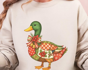 Patchwork Duck Christmas Sweatshirt, Cute Mallard Duck, Rustic Holiday Sweater, Farmstyle Folk Art Xmas, Cute Christmas Duck Lovers Shirt