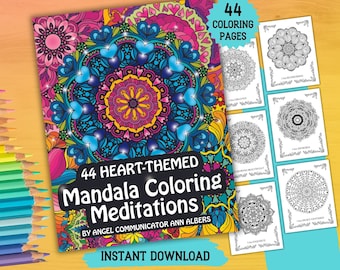 44 Heart Themed Mandala Downloadable Adult Coloring Pages, Mandala Coloring Book, Affirmations, Stress Relief gift for her, coloringpage