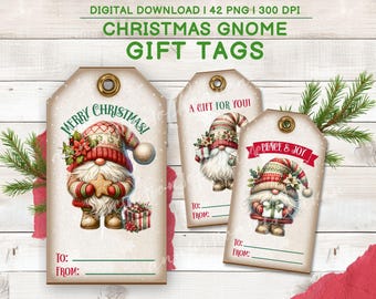 Pacchetto di etichette regalo di Natale, etichette di Natale PNG, etichette scaricabili, etichette di gnomi di Natale, etichette di Natale stampabili, etichette regalo di Natale da a