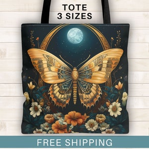 Moth tote bag, colorful boho moth tote bag, wiccan tote bags, whimisgoth, magical moth, lunar moth, butterfly tote bag, reusable market bag