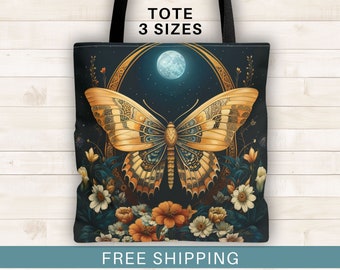 Moth tote bag, colorful boho moth tote bag, wiccan tote bags, whimisgoth, magical moth, lunar moth, butterfly tote bag, reusable market bag