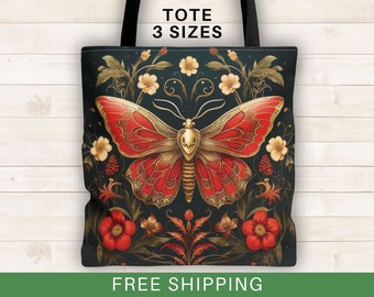 Moth tote bag, colorful boho moth tote bag, wiccan tote bags, whimisgoth, magical moth, cottagecore, butterfly tote bag, reusable market bag