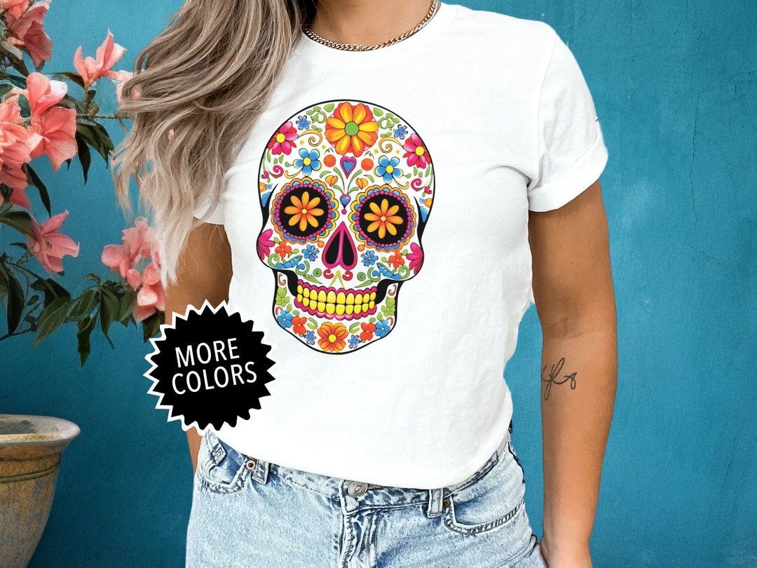 Sweatshirt Dia De Los Muertos - Motif Sugar Skull Floral Coloré - Coupe Classique, Col Tissé - 241g - 8
