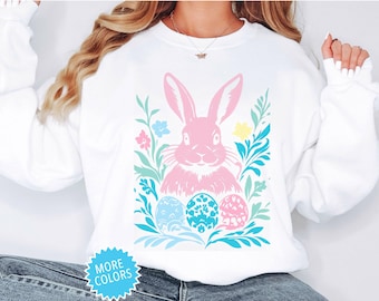 Boho Style Easter Bunny sweatshirt, Rabbit Silhouette, Floral Bunny shirt, Easter Day Gift, Cottagecore fashion,Spring Sweatshirt