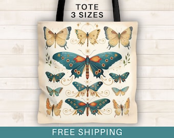 May include: A tote bag with a white background and a pattern of colorful butterflies. The text "TOTE 3 SIZES" is printed at the top of the bag. The text "FREE SHIPPING" is printed at the bottom of the bag.