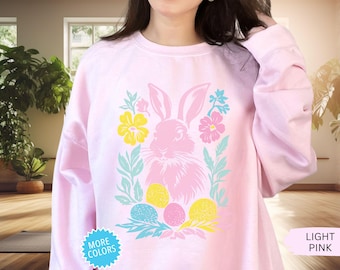 Boho Style Easter Bunny sweatshirt, Rabbit Silhouette, Floral Bunny shirt, Easter Day Gift, Cottagecore fashion, Spring Sweatshirt Gift