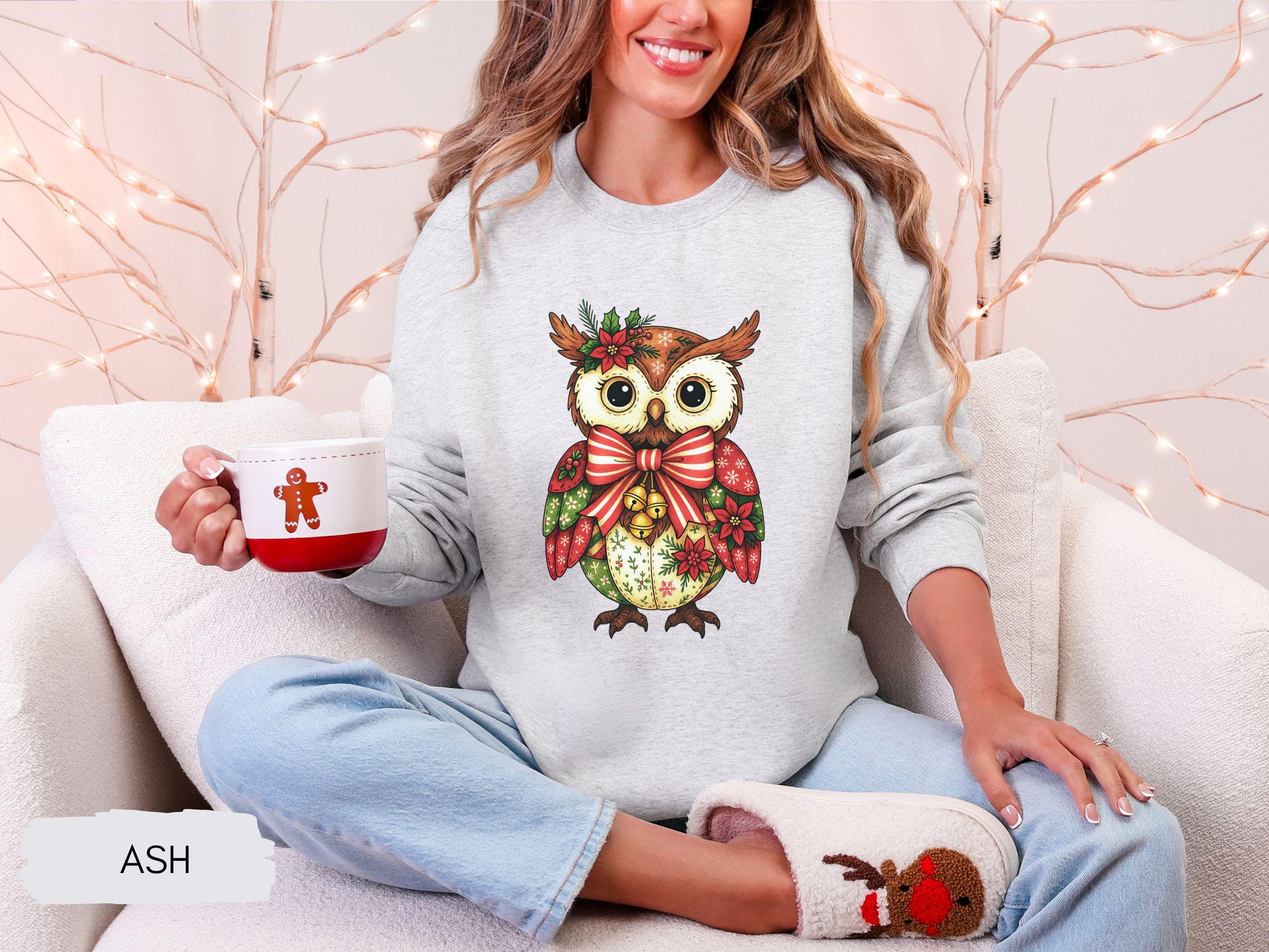 Cute Patchwork Christmas Owl Sweatshirt, Rustic Holiday Owl Lover Sweater, Cottagecore Folk Art, Woo