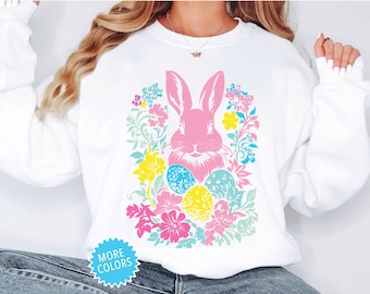 Style Easter Bunny sweatshirt, Rabbit Silhouette, Floral Bunny shirt, Easter Day Gift, Cottagecore fashion, Spring Sweatshirt Gift