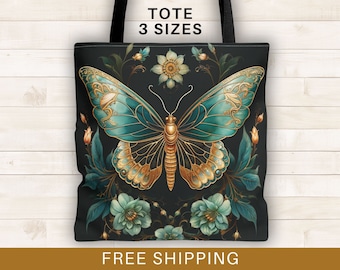 Moth tote bag, colorful boho moth tote bag, wiccan tote bags, whimisgoth, magical moth, cottagecore, butterfly tote bag, reusable market bag
