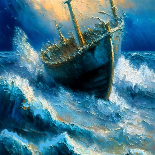 Echoes of the Abyss: A Transient Ship's Melancholic Voyage, peinture à l'huile numérique par Emad Ali travel print Decor Mid Century Modern Wall