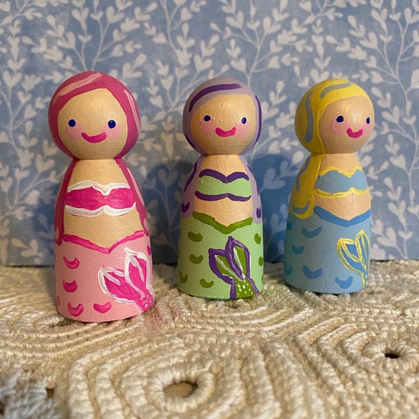 Mermaid Peg Dolls Set of 3 Painted Wooden Toys 2 1/2" Peg Doll Hands-on Summer Pretend Play Open Ended Play Whimsical Discovery Play Toy