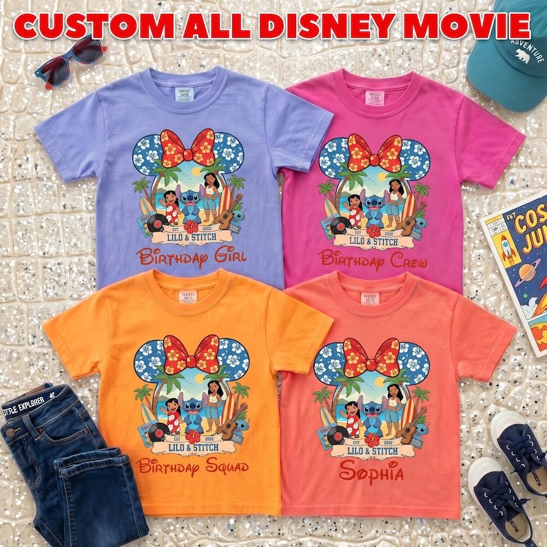 May include: Four colorful t-shirts with a Disney "Lilo & Stitch" design. The shirts are lavender, pink, orange, and coral, each with a different birthday-themed text. Sunglasses, a hat, and jeans are also in the image.