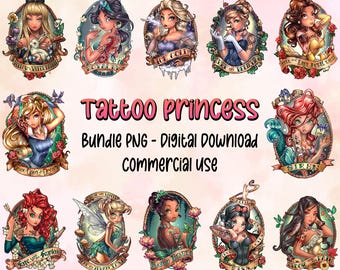Tattoo Princess PNG Bundle, Princess Characters Png, Trendy Princess Png, Cartoon Characters Png, Cartoon Movies 2025 Png, Commercial Use