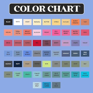 Op de afbeelding: Een kleurenkaart met een zwarte koptekst "COLOR CHART". De kaart toont een raster van kleurstalen met namen als "Zwart", "Wit", "Rood" en "Blue Lagoon". De kleuren vari&euml;ren van lichte pasteltinten tot diepe tinten.