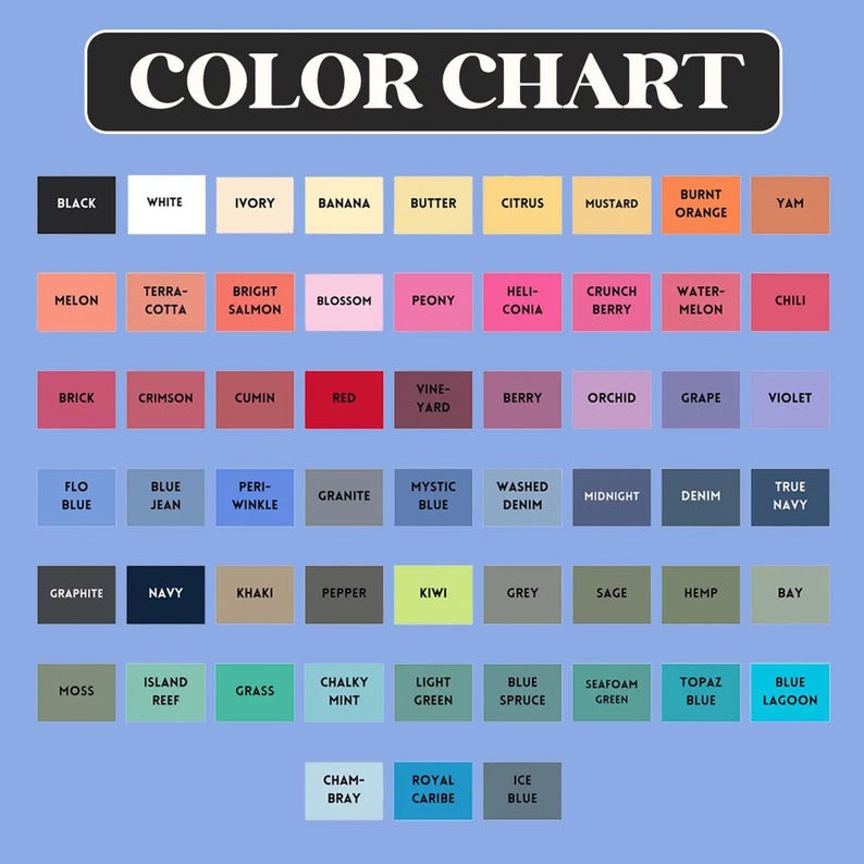 Op de afbeelding: Een kleurenkaart met een zwarte koptekst "COLOR CHART". De kaart toont een raster van kleurstalen met namen als "Zwart", "Wit", "Rood" en "Blue Lagoon". De kleuren vari&euml;ren van lichte pasteltinten tot diepe tinten.