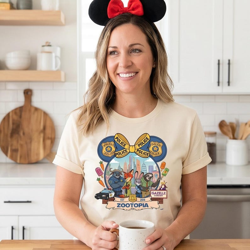 May include: Cream-colored t-shirt featuring a Zootopia design. The graphic includes cartoon characters, a cityscape, and the text "Zootopia" and "Gazelle Concert". The shirt has short sleeves and a crew neck.