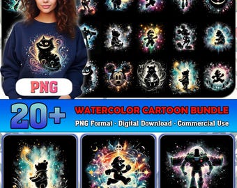 May include: A navy blue sweatshirt with a black cat graphic and a watercolor cartoon bundle of 20+ PNG images. The images include cartoon characters like Mickey Mouse, Winnie the Pooh, and Buzz Lightyear. The text on the image says "Watercolor Cartoon Bundle".