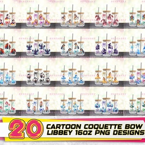 20 Cartoon Coquette Bow 16oz Glass Can Wrap PNG Bundle, Movie Character Libbey Glass PNG Sublimation Design, Instant Download