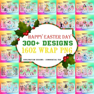 May include: A colorful grid of glass jars with bamboo lids, each featuring unique character designs. The text "HAPPY EASTER DAY" and "300+ DESIGNS 16OZ WRAP PNG" are displayed. The jars are arranged on a vibrant, multi-colored background.