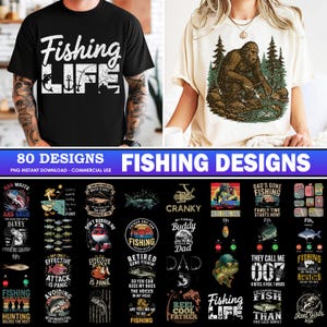 Paquete de 80 diseños de pesca (PNG), cazador de pesca (PNG), pesca de lubina (PNG), papá pescador (PNG), frase divertida sobre peces (PNG), pescador (PNG), uso comercial