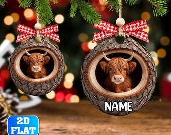 Custom Highland Cow Christmas 2D Flat Ornament, Personalized Highland Cow Christmas Ornament 2025, Xmas Gift For Cow Lovers, Animal Ornament
