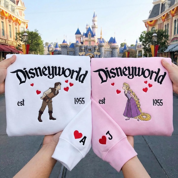 Couple Rapunzel & Flynn Rider Valentine Embroidered Sweatshirt, Magical Land Valentine Embroidered Hoodie, Sweet Couple Embroidered Sweater
