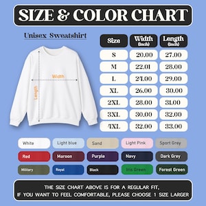 Puede incluir: Tabla de tallas y colores para una sudadera unisex. La tabla incluye tallas de la S a la 4XL, con medidas de ancho y largo en pulgadas. Las opciones de color incluyen blanco, azul claro, rojo, granate y m&aacute;s. El texto dice: "LA TABLA DE TALLAS ANTERIOR ES PARA UN AJUSTE REGULAR, SI QUIERES SENTIRTE C&Oacute;MODO, POR FAVOR ELIGE 1 TALLA M&Aacute;S GRANDE."