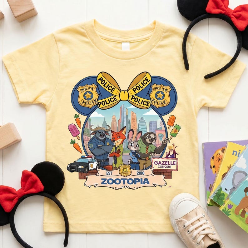 May include: Yellow short-sleeve t-shirt featuring a Zootopia design with the text "Zootopia" and the image of the Zootopia characters. The design includes the text "Police" and "Gazelle Concert".