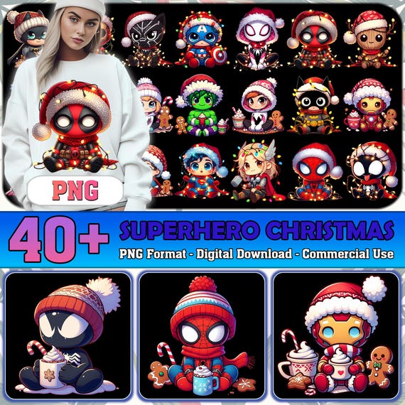 40+ Designs Superhero Christmas Bundle Png, Superhero Characters Png, Xmas Superhero Png, Trendy Superhero Xmas 2025 Png, Commercial Use