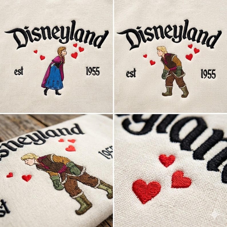 Puede incluir: Dise&ntilde;os bordados con la palabra "Disneyland" en escritura negra, el a&ntilde;o "1955" y acentos de coraz&oacute;n rojo. Un dise&ntilde;o muestra un personaje con un vestido azul y morado, y otro con ropa marr&oacute;n y verde.