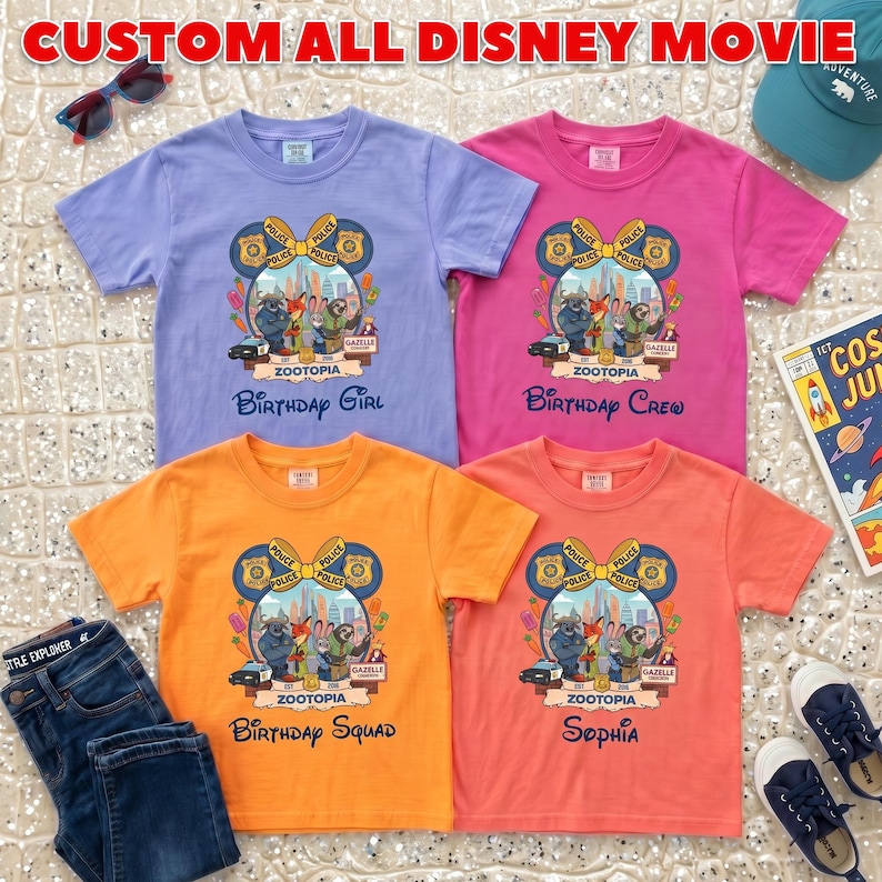 May include: Four colorful Zootopia-themed t-shirts with the text "CUSTOM ALL DISNEY MOVIE". The shirts are in shades of purple, pink, orange, and coral. Each shirt features a Zootopia graphic and the words "Birthday Girl", "Birthday Crew", "Birthday Squad", and "Sophia".