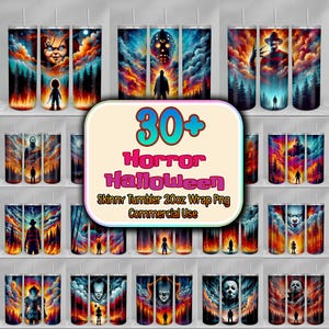 Horror Killers Halloween 20oz Skinny Tumbler Wrap Png, Horror Characters Wrap Png, Horror Movies Tumbler Png, Halloween Horror Tumbler Png