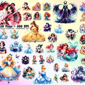 39 Princess Watercolor PNG Bundle, Princess PNG Bundle, Projekt koszulki z kreskówek, Pobieranie cyfrowe, Użytkowanie komercyjne