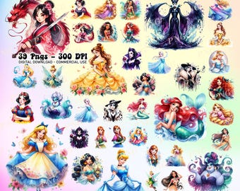 39 Princess Watercolor PNG Bundle, Princess PNG Bundle, Cartoon Tshirt Design, Digita Download, Commercial Use