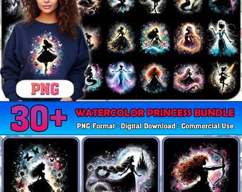 Watercolor Princess Bundle Png, Colorful Princess Movies Png, Princess Characters Clipart, Princess Png, Retro Princess Png, Commercial Use