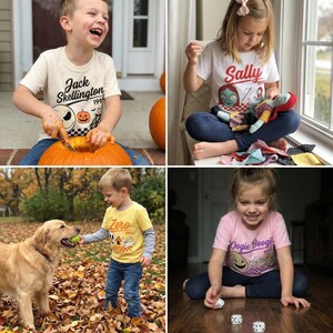 Op de afbeelding: Vier afbeeldingen van kinderen die Halloween-thema T-shirts dragen. Een kind snijdt een pompoen uit en draagt een "Jack Skellington" shirt. Een ander kind zit bij een raam met een "Sally" shirt. Een derde kind speelt met een hond met een "Zero" shirt. Het laatste kind speelt met dobbelstenen met een "Oogie Boogie" shirt.