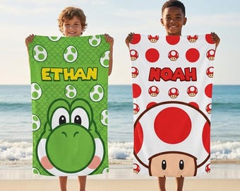 Toallas de playa personalizadas de Super Mario, toalla de playa personalizada con diseño de videojuego, regalo para baby shower, regalo para vacaciones de verano, toalla con monograma, toalla de playa para niños