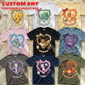 May include: A collection of t-shirts featuring various Pokémon characters in heart-shaped frames. Each shirt showcases a different character with its name, such as Pikachu, Bulbasaur, and Charmander. The shirts come in various colors, including white, pink, and black.
