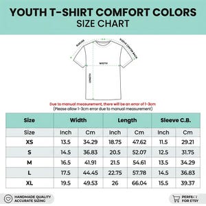 May include: A size chart for youth t-shirts, featuring measurements in inches and centimeters. The chart includes sizes XS to XL, with width, length, and sleeve center back measurements. The text "YOUTH T-SHIRT COMFORT COLORS" is at the top.