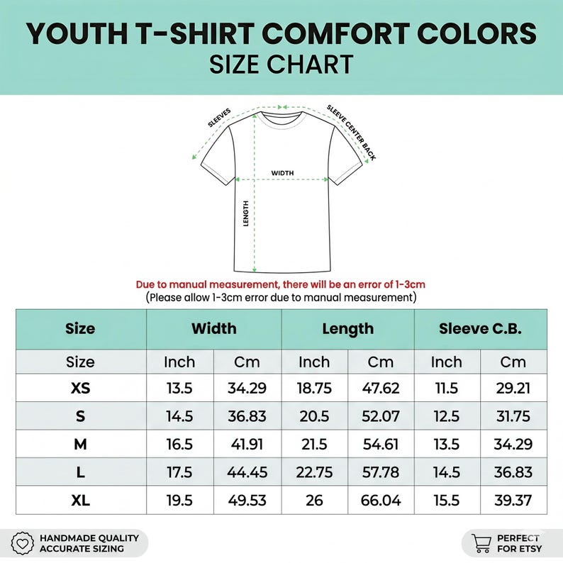 May include: A size chart for youth t-shirts, featuring measurements in inches and centimeters. The chart includes sizes XS to XL, with width, length, and sleeve center back measurements. The text "YOUTH T-SHIRT COMFORT COLORS" is at the top.