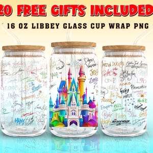 May include: Three clear glass Libbey cups with wooden lids and straws. The cups feature a colourful castle design and signatures. Text at the top reads "20 FREE GIFTS INCLUDED!" and "16 OZ LIBBEY GLASS CUP WRAP PNG".