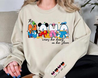 Personalized Cartoon This Nana Wears Her Hearts On Her Sleeve Sweatshirt, Custom Cartoon Nana Sweater With Kids Name on Sleeve, Nana Gifts