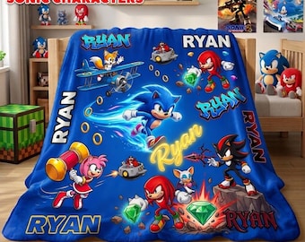 Aangepaste Sonic the Hedgehog-deken, gepersonaliseerde Sonic-deken, babydeken, verjaardagscadeau, aangepaste naam videogamedeken, monogramdeken