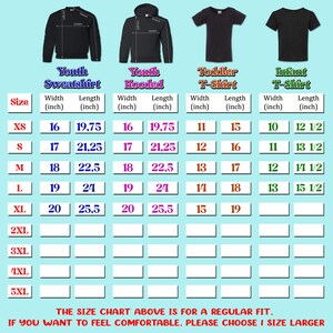 Puede incluir: Una tabla de tallas para sudaderas juveniles, sudaderas con capucha juveniles, camisetas para ni&ntilde;os peque&ntilde;os y camisetas para beb&eacute;s. La tabla muestra las medidas en pulgadas de ancho y largo.