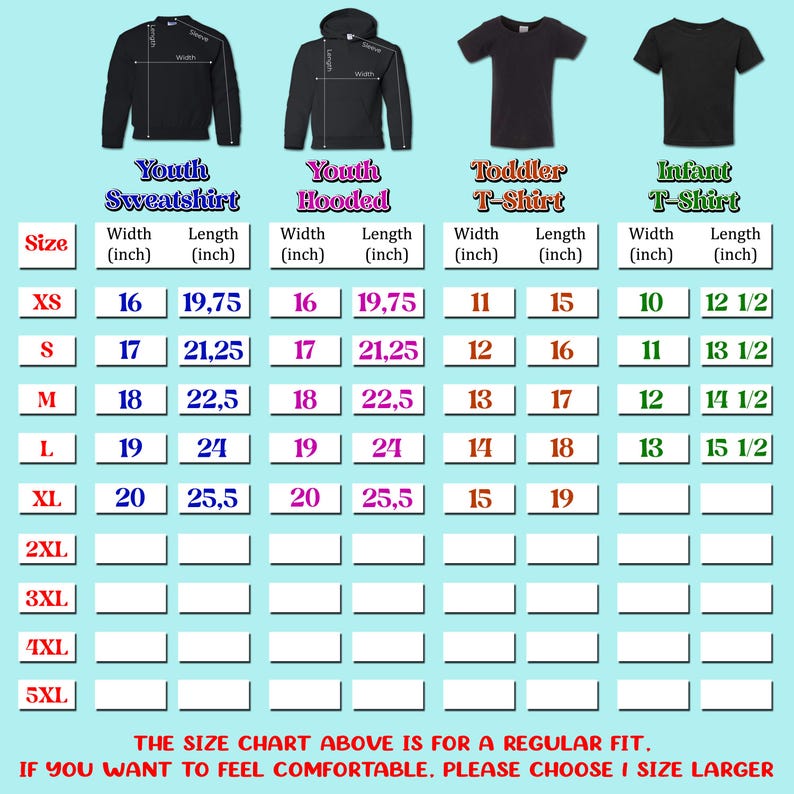 Puede incluir: Una tabla de tallas para sudaderas juveniles, sudaderas con capucha juveniles, camisetas para ni&ntilde;os peque&ntilde;os y camisetas para beb&eacute;s. La tabla muestra las medidas en pulgadas de ancho y largo.