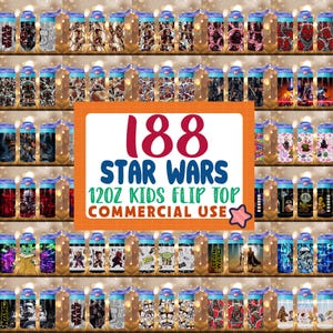 May include: A collection of 188 Star Wars-themed 120 oz kids' flip-top water bottles. The bottles feature various characters and designs from the Star Wars franchise. The text "188 STAR WARS 120OZ KIDS FLIP TOP COMMERCIAL USE" is displayed in the center.