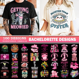 Puede incluir: Dos camisetas con diseños gráficos y una colección de diseños para despedidas de soltera. Una camiseta es negra con un gato con sombrero de vaquero y el texto "GETTING MEOWIED". La otra es de color crema con un gráfico de ostra y el texto "MOISTER THAN AN OYSTER".