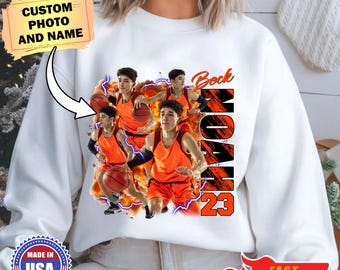 Personalized Basketball Sweatshirt, Custom 90s Style Bootleg Graphic Sports Shirt, Custom Basketball Photo, Name and Number Collage Shirt