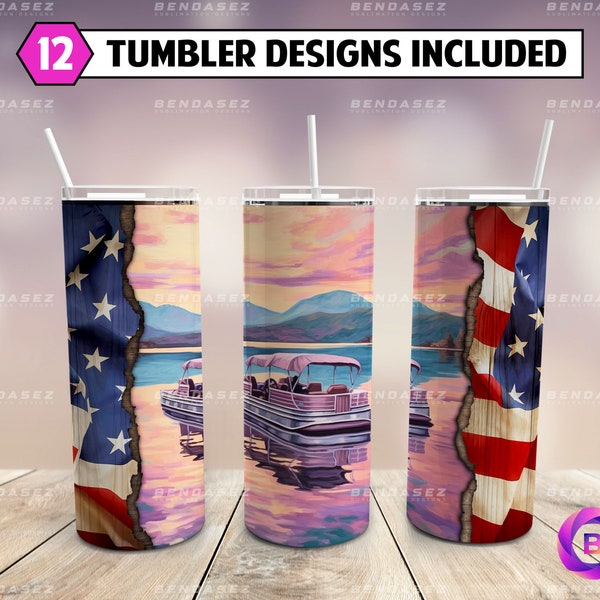 Pontoon Boat USA Flag Skinny 20 oz Tumbler Sublimation Design PNG - Pontoon Lake Tumbler Straight and Tapered PNG